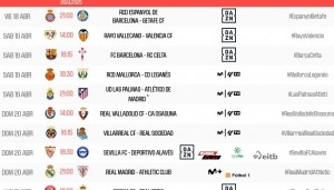 西甲第32轮时间：4月19日22:15巴萨塞尔塔 21日3:00皇马vs毕巴